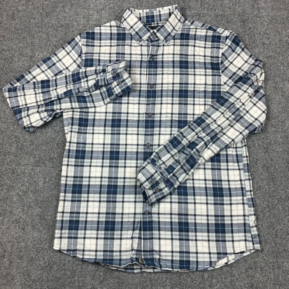 Banana Republic Mens Luxe Flannel Shirt Navy Blue Plaid Untucked Slim Fit Medium